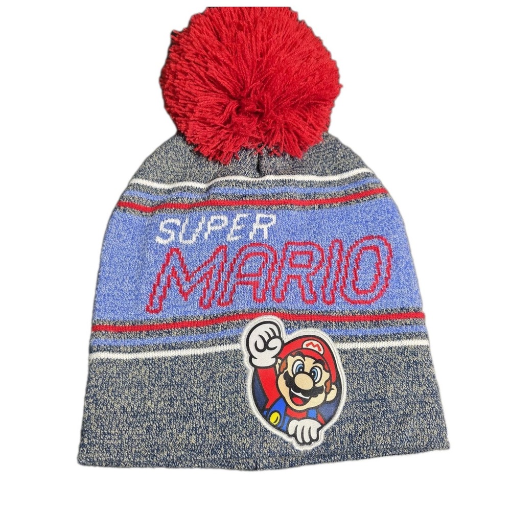 Nintendo‎ Super Mario Patch Beanie Kids Hat W/ Pom Top Blue Red Gray